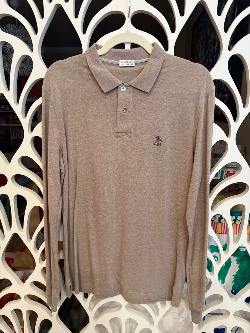 Brunello Cucinelli Men's Long-Sleeve Polo in Taupe Brown